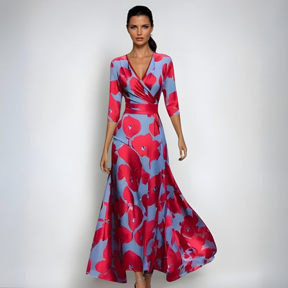 Floral Wedding Guest Maxi Dress - Red/Blue