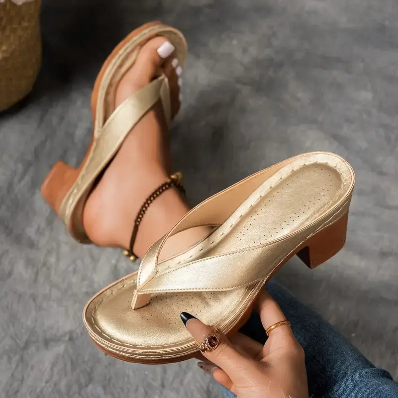 Platform Wedge Thong Sandals - Gold