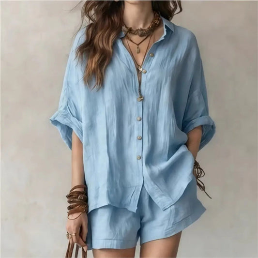 Oversized Shirt Two Piece Set - Light Blue