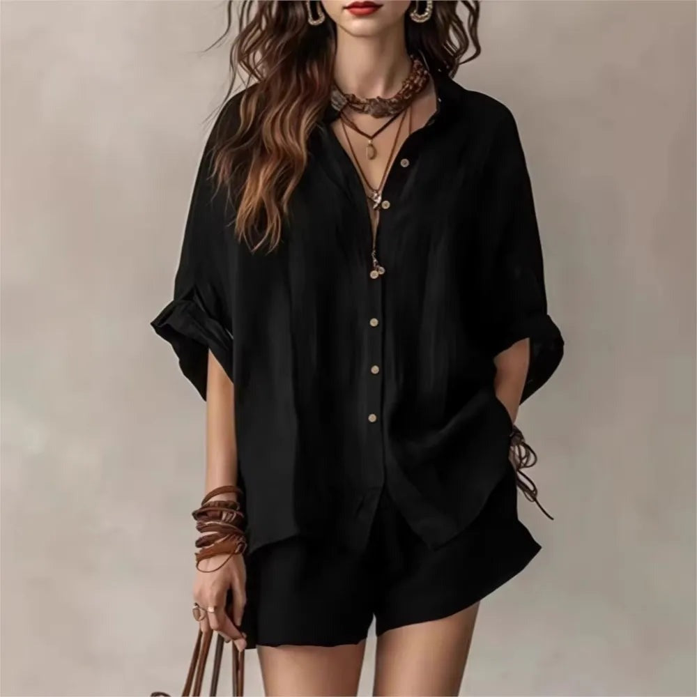 Oversized Shirt Two Piece Set - Black