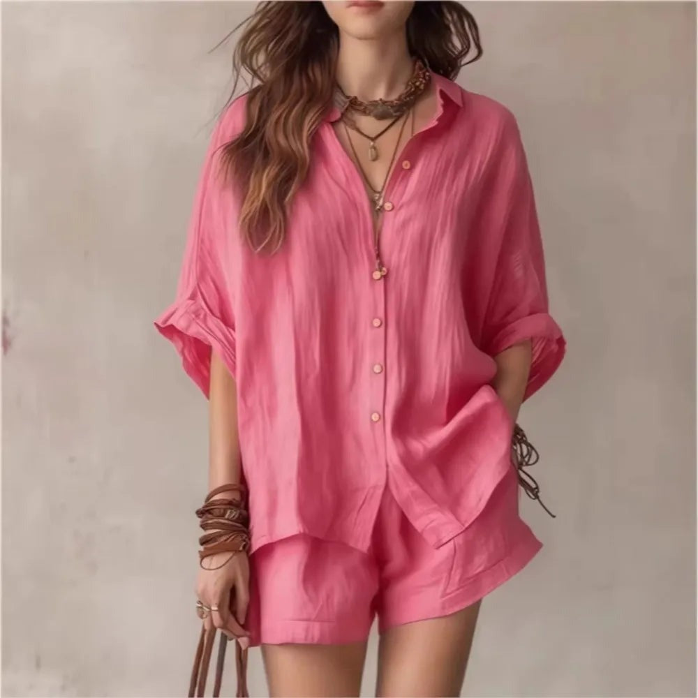 Oversized Shirt Two Piece Set - Pink