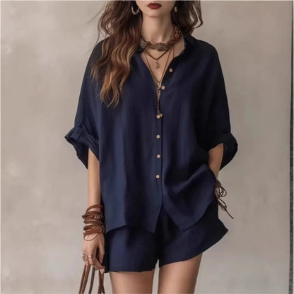 Oversized Shirt Two Piece Set - Navy Blue