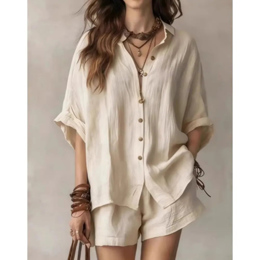 Oversized Shirt Two Piece Set - Milky