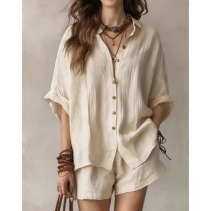 Oversized Shirt Two Piece Set - Milky