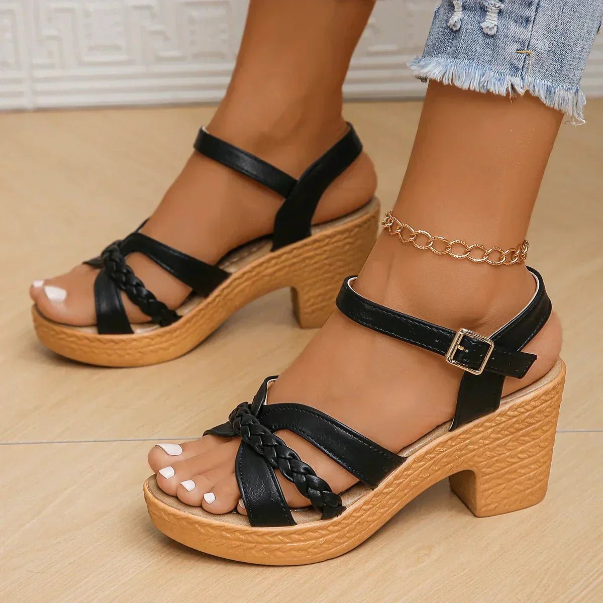 Women's Platform Block Heel Sandals - Black