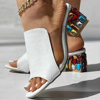 Rhinestone Block Heel Mules