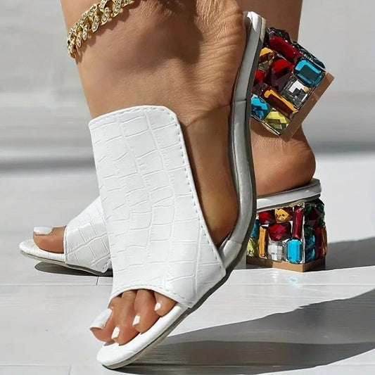 Rhinestone Block Heel Mules