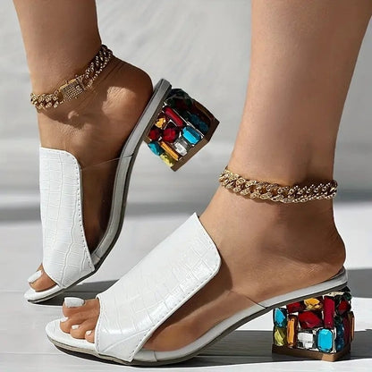 Rhinestone Block Heel Mules - White