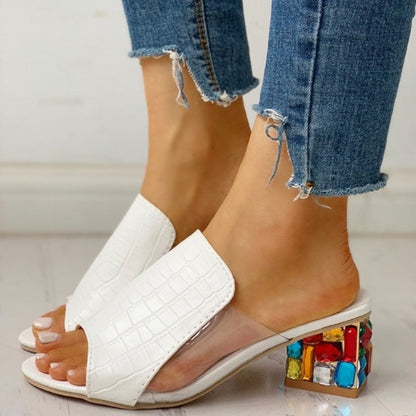 Rhinestone Block Heel Mules