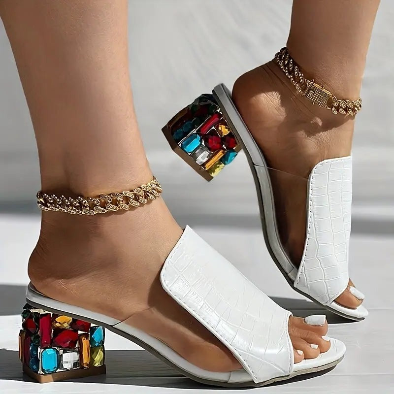 Rhinestone Block Heel Mules