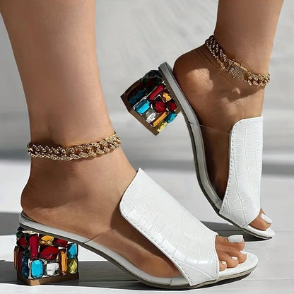Rhinestone Block Heel Mules