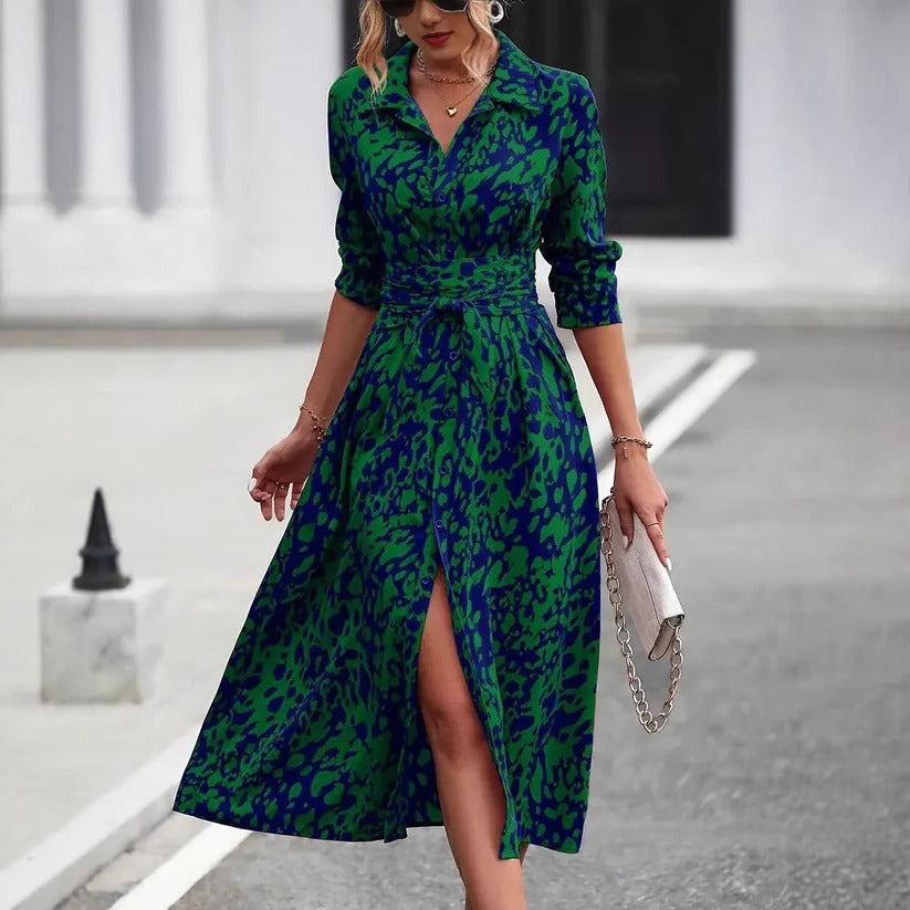 Tie Waist Midi Shirt Dress - Green