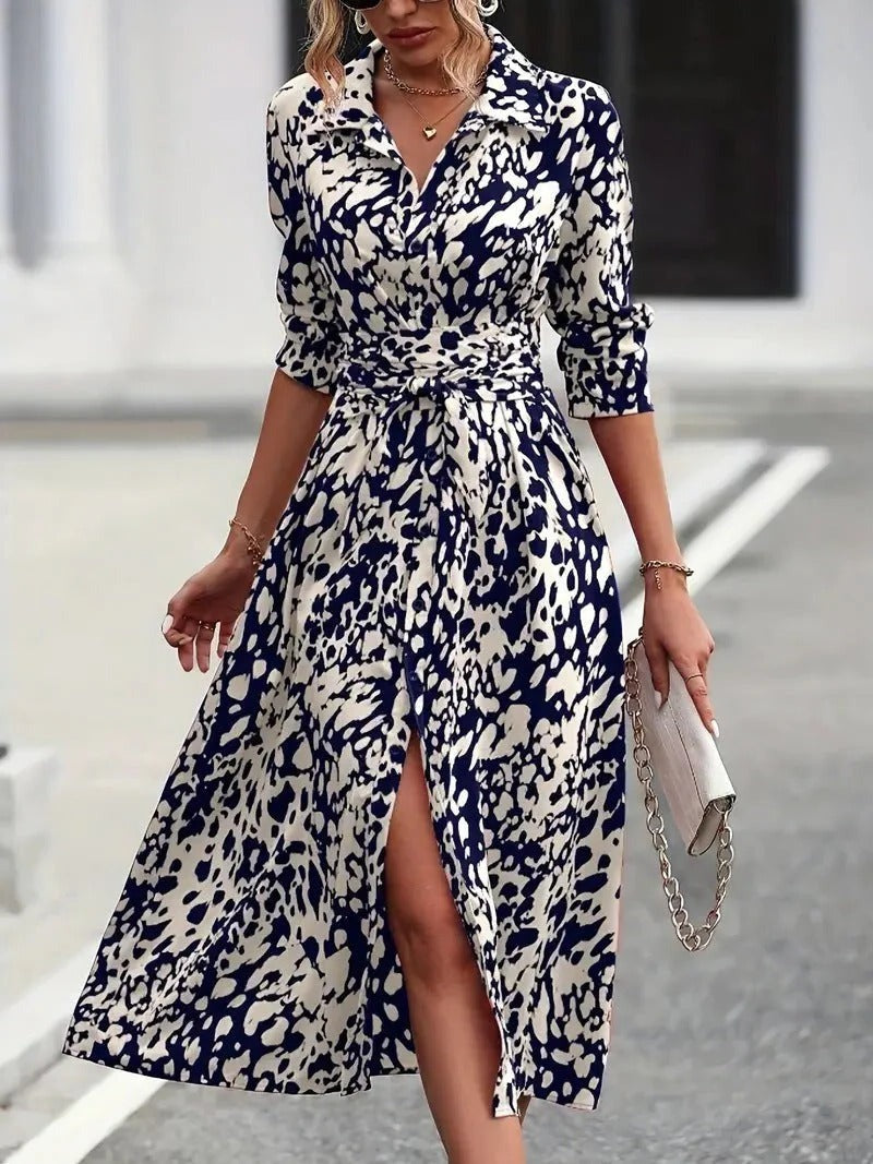 Tie Waist Midi Shirt Dress - Navy Blue