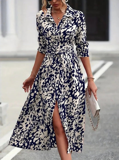 Tie Waist Midi Shirt Dress - Navy Blue