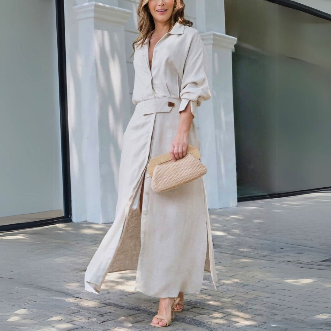 Long Sleeve Maxi Shirt Dress - Beige