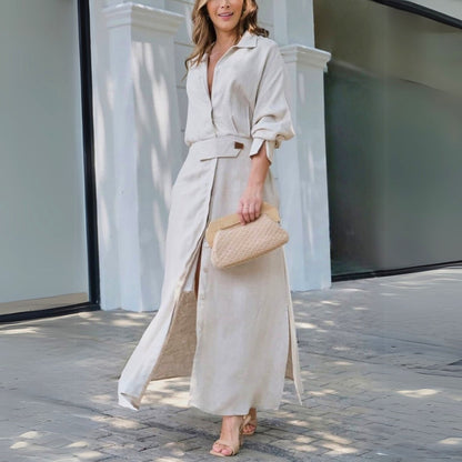 Long Sleeve Maxi Shirt Dress - Beige