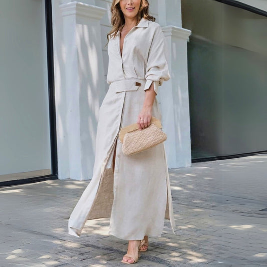 Long Sleeve Maxi Shirt Dress - Beige