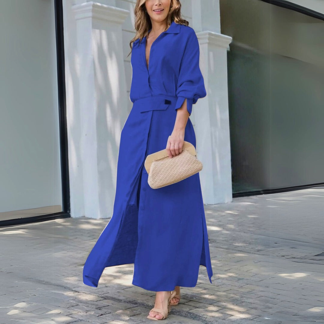 Long Sleeve Maxi Shirt Dress - Blue