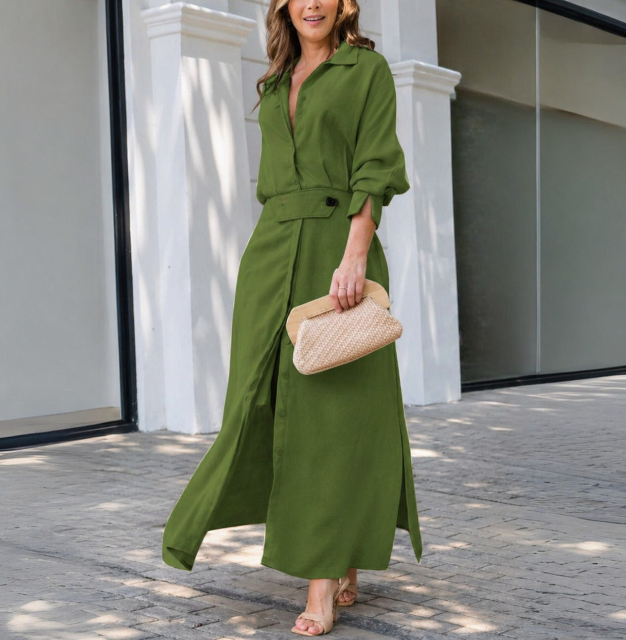Long Sleeve Maxi Shirt Dress - Green