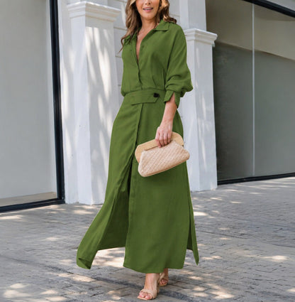Long Sleeve Maxi Shirt Dress - Green