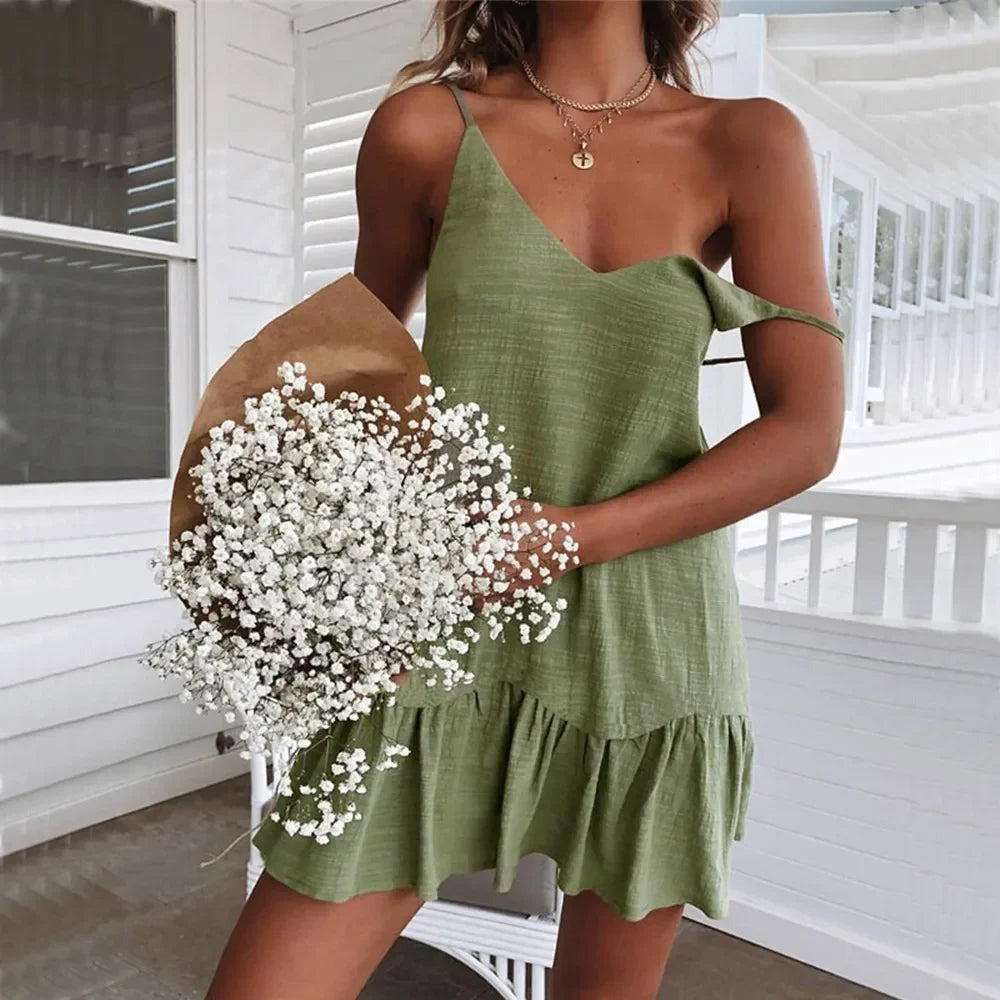 V Neck Ruffle Mini Dress - Green