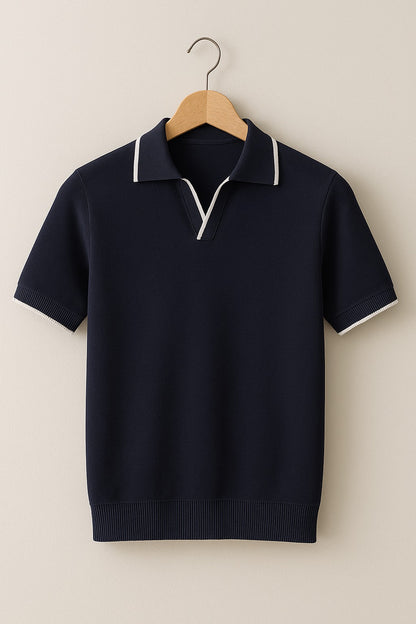 Short Sleeve Knit Polo Shirt - Navy Blue