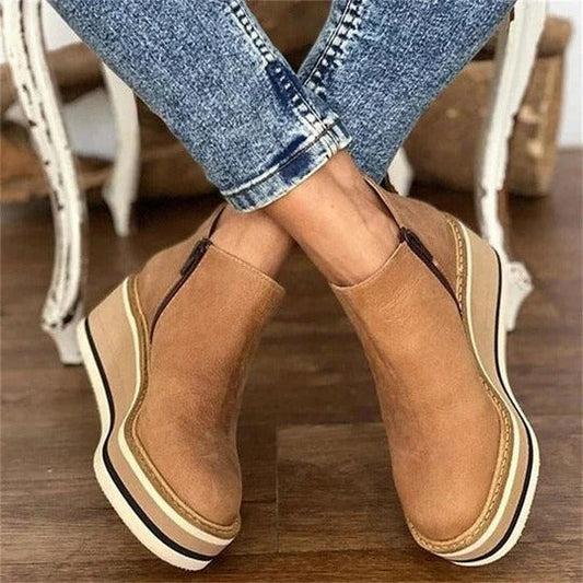 Wedge Heel Ankle Boots - Beige