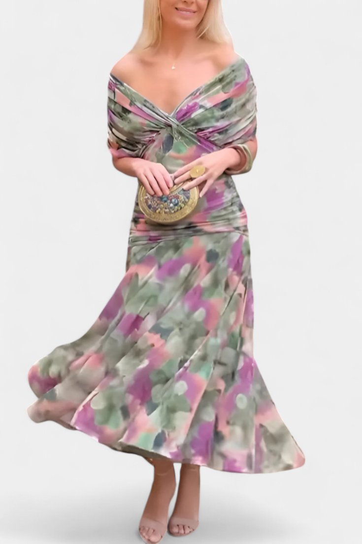 Women's Off-Shoulder Maxi Dress - Green and Purple