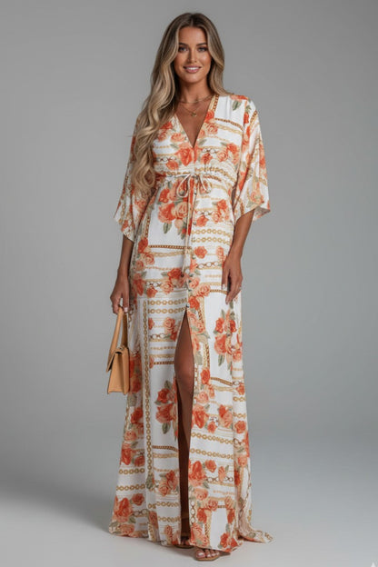 Printed Kimono Maxi Dress - Apricot