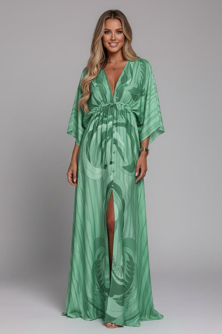 Printed Kimono Maxi Dress - LIght Green