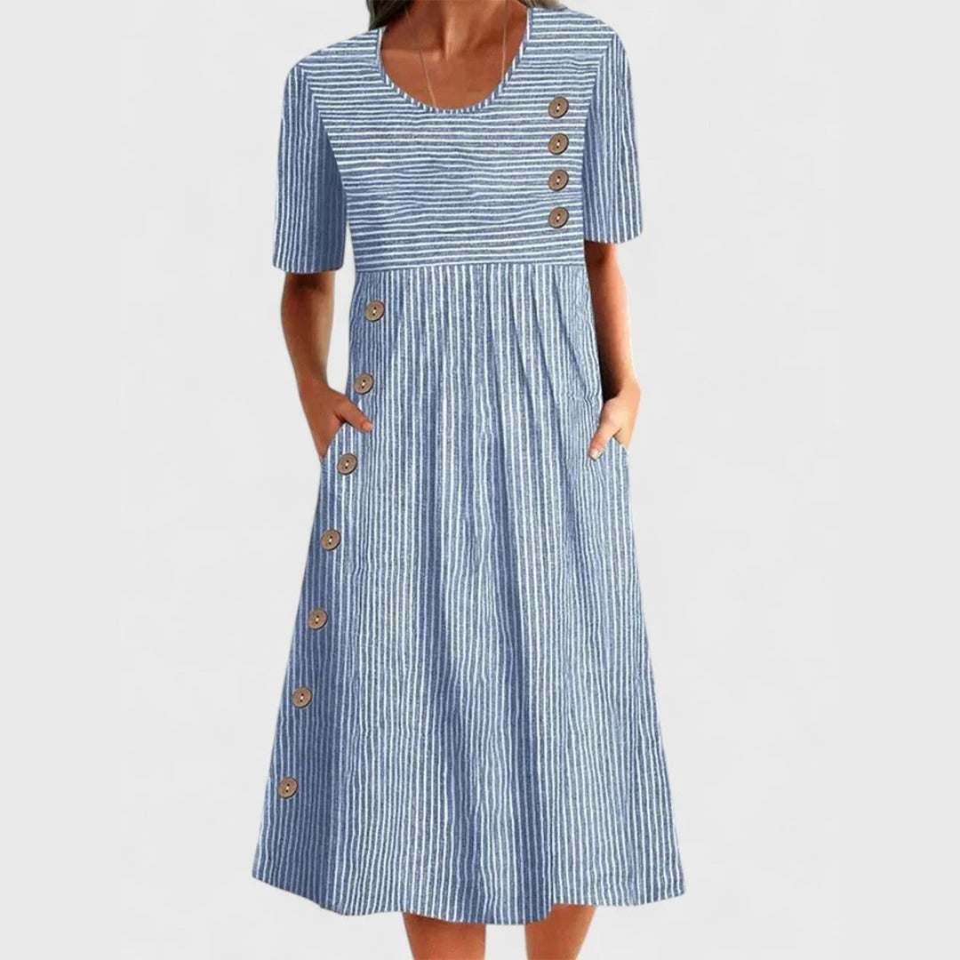 Short Sleeve A Line Midi Dress - Blue