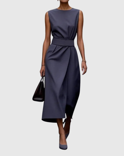 Formal Ruched Midi Dress - Navy Blue