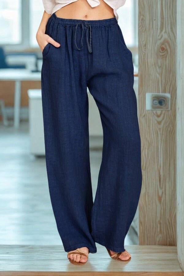Women's Wide-Leg High-Waisted Pants - Navy Blue