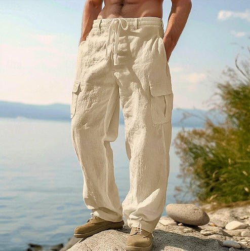 Men's Drawstring Linen Cargo Pants - Khaki