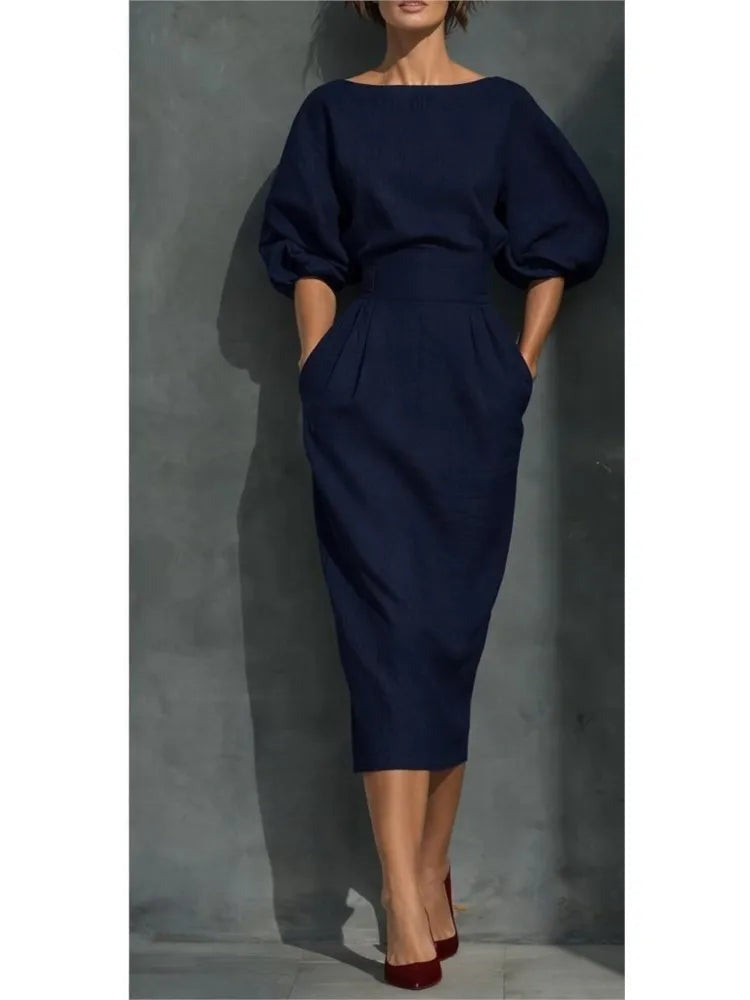 Puff Sleeve Midi Dress - Navy Blue