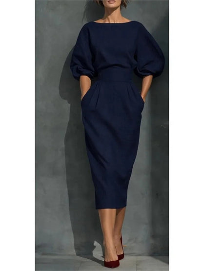 Puff Sleeve Midi Dress - Navy Blue