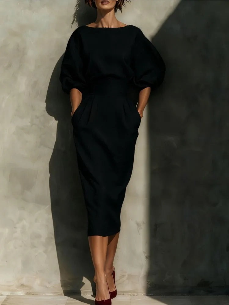 Puff Sleeve Midi Dress - Black