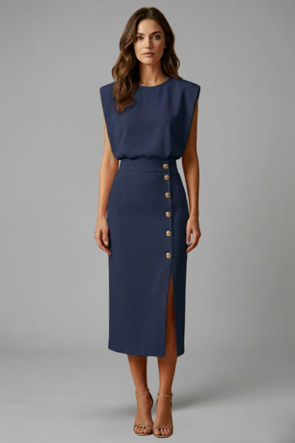 Sleeveless Cocktail Midi Dress - Blue
