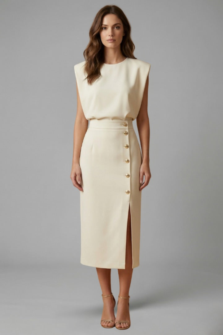 Sleeveless Cocktail Midi Dress - Beige