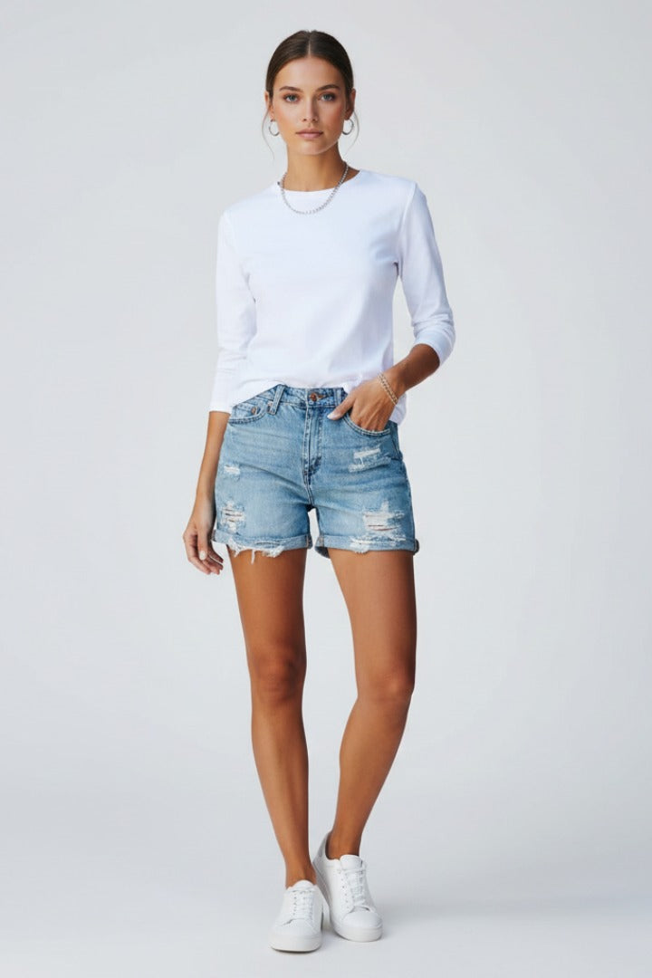 Distressed Denim Shorts - Blue