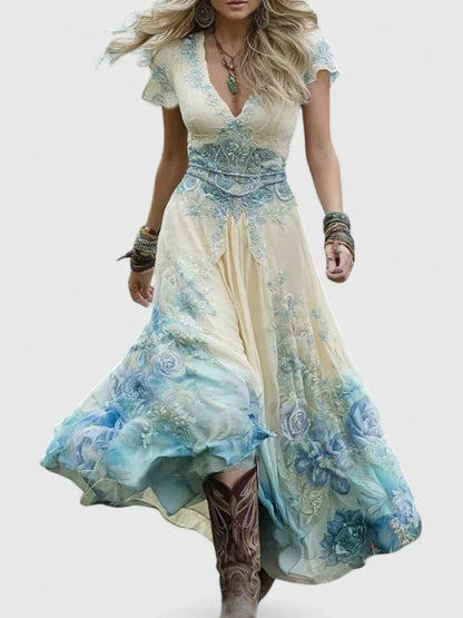 Boho Floral Maxi Dress - Blue