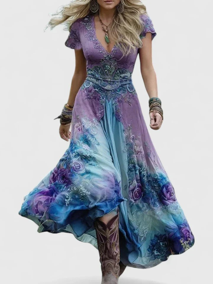 Boho Floral Maxi Dress - Purple