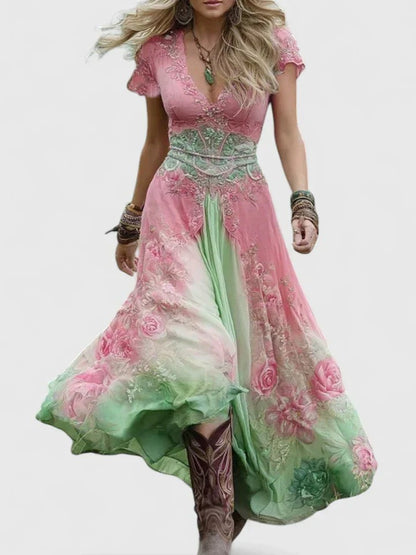 Boho Floral Maxi Dress - Pink