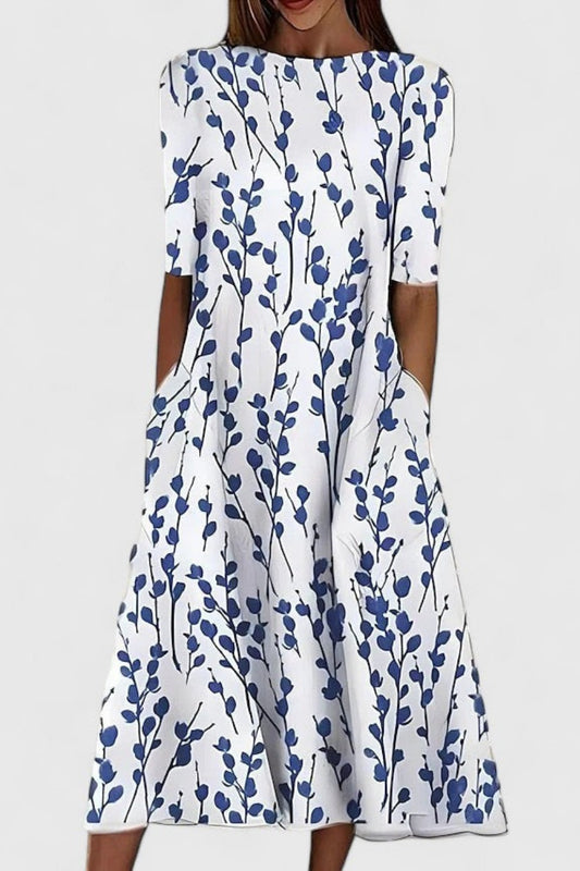 Printed A Line Midi Dress - White