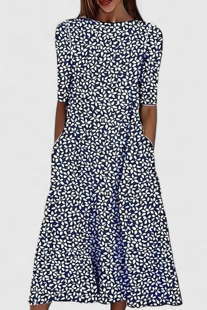 Printed A Line Midi Dress - Dark Blue