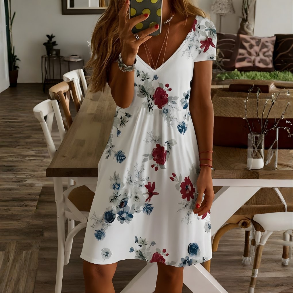 Women's Floral V-Neck Mini Dress - White