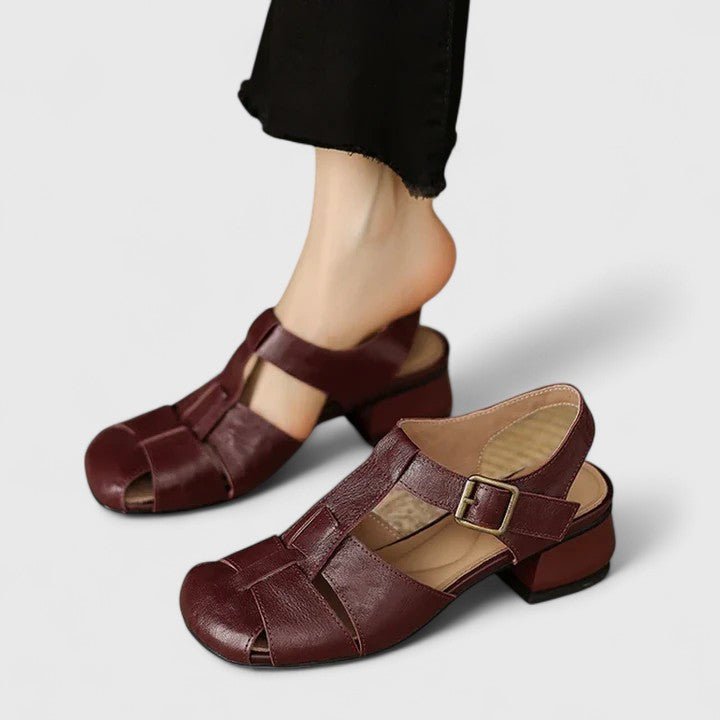 Women's Leather Block Heel Sandals - Brown