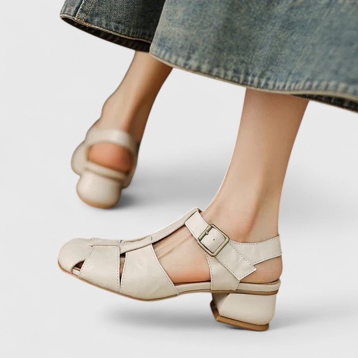 Women's Leather Block Heel Sandals - Beige