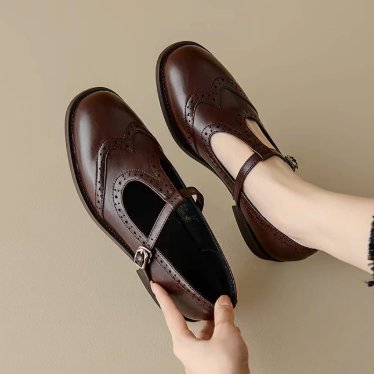 Women's Leather T-Strap Brogues - Brown