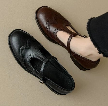 Women's Leather T-Strap Brogues - Black